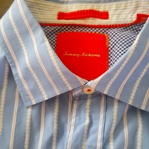 Tommy Bahama Men Large Cotton Button Down Red White Blue Striped Shirt